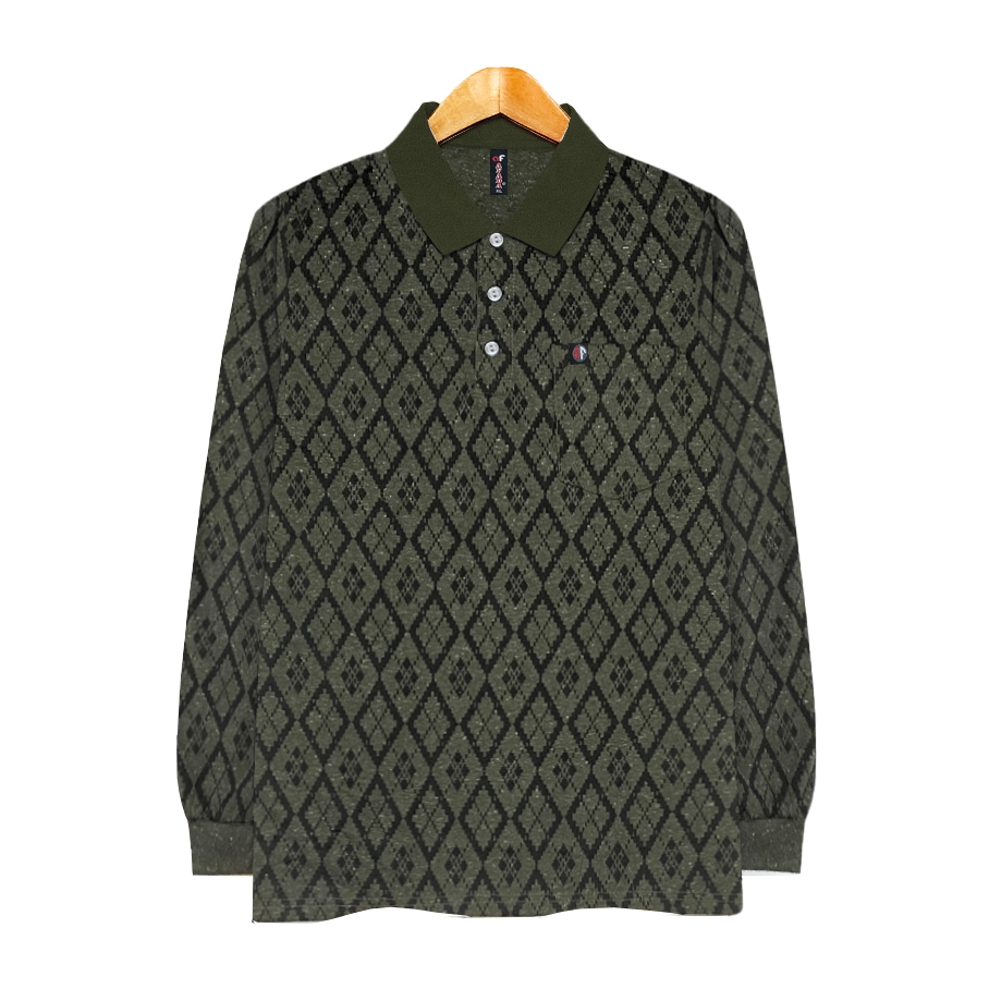 Afada - Polo Pria Lengan Panjang Motif Batik Saku | Kaos Kerah Casual Premium
