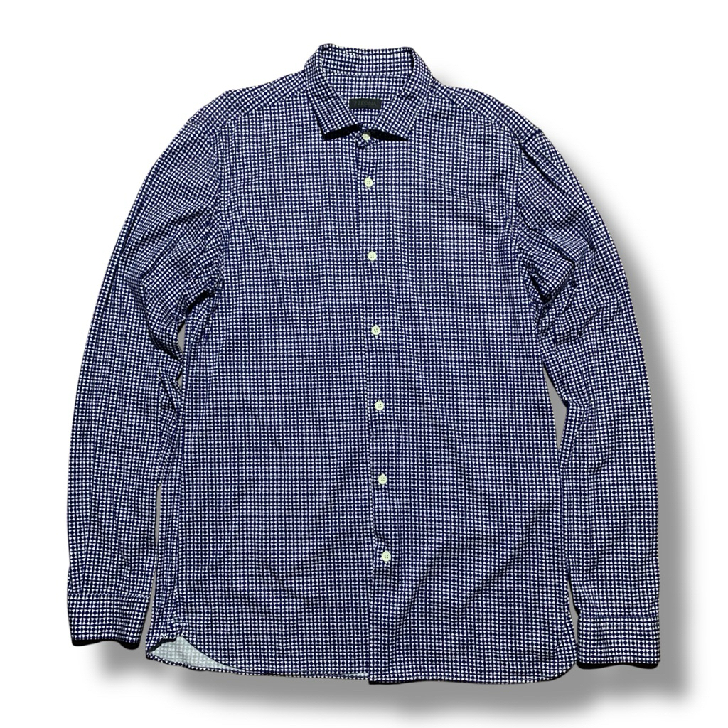 Emergildo Zegna Button Shirt Mens Blue Check Cotton Casual Long Sleeve