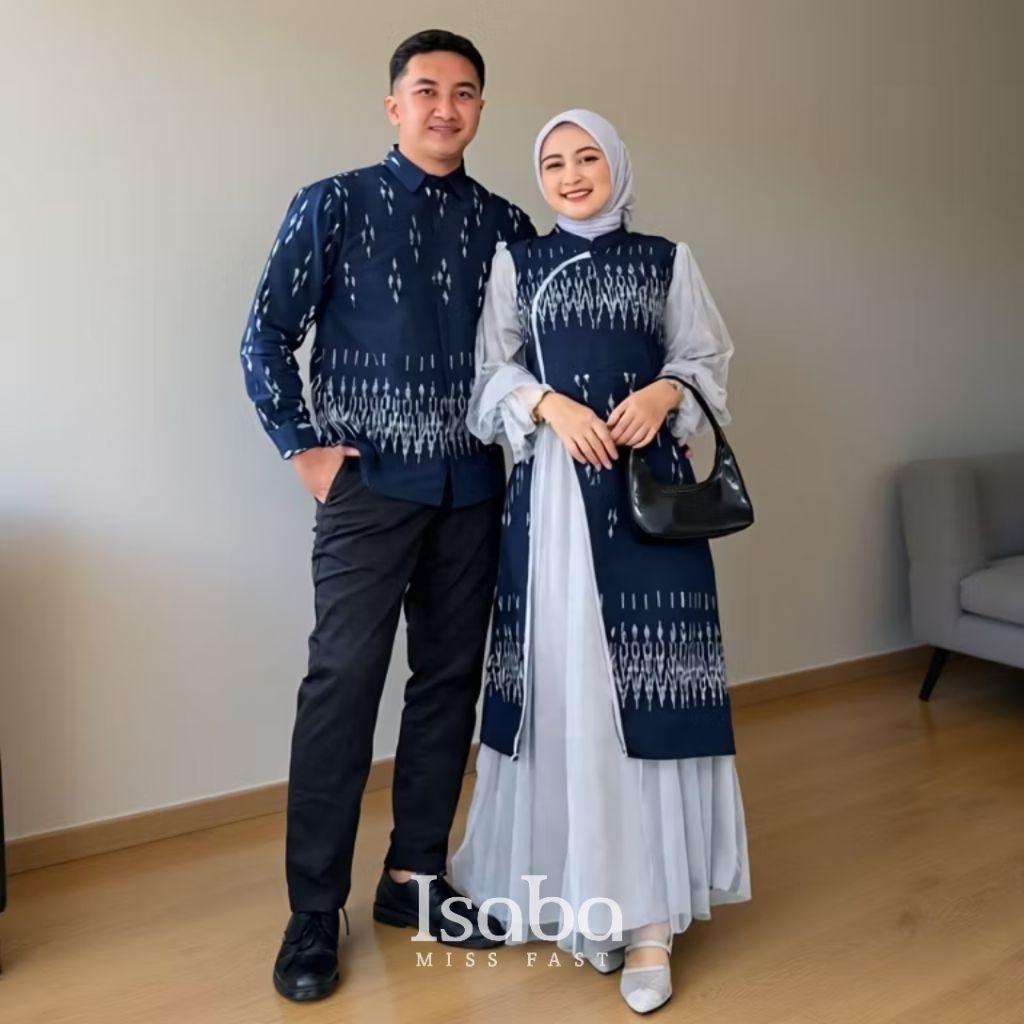 ISABA - BAJU TENUN COUPLE DRESS HANA NAVY TERBARU - BAJU COUPLE KONDANGAN COUPLE GAMIS PASANGAN
