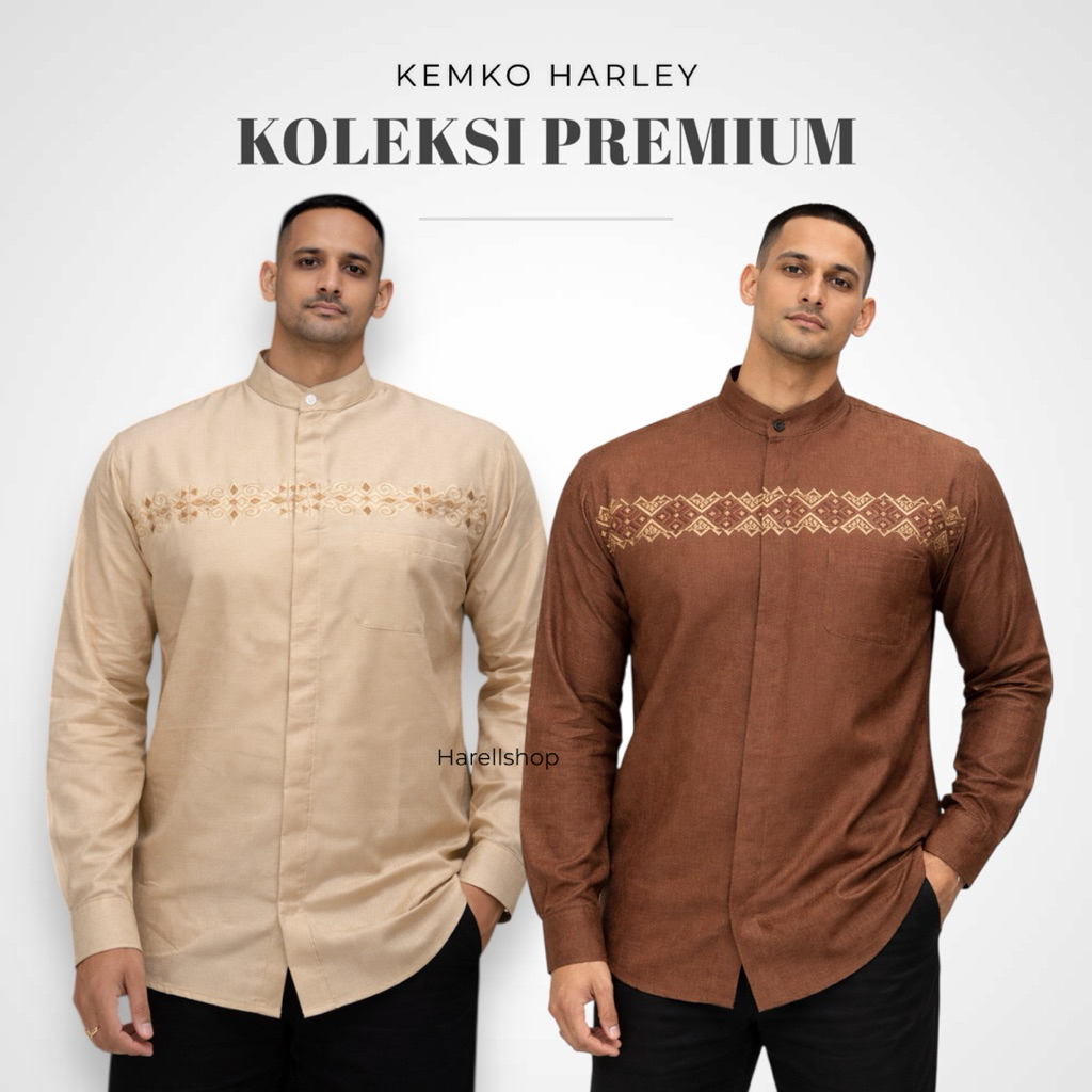 Kemko Premium Pria Lengan Panjang Krem Muda & Coklat | Baju Koko Modern Katun Adem | Koko Elegant Fo