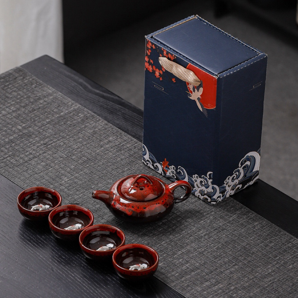 TEA SET IKAN KOI ANTIK KERAMIK JEPANG CANGKIR TEA SET HAMPERS TEA SET IKAN KERAMIK FREE KARTU UCAPAN