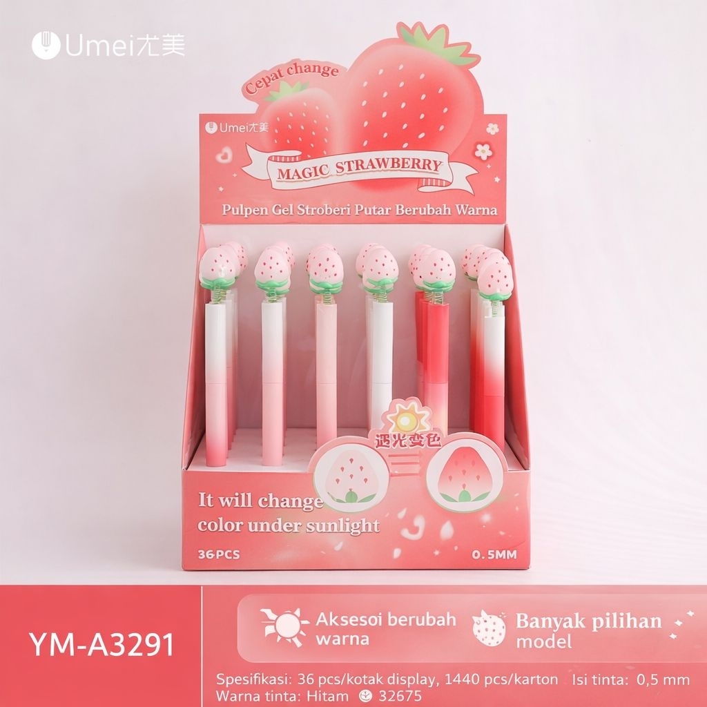 Pulpen Gel Strawberry Umei Soft Pink  | Pena Lucu Bisa Berubah Warna 0.5mm Aesthetic Girl