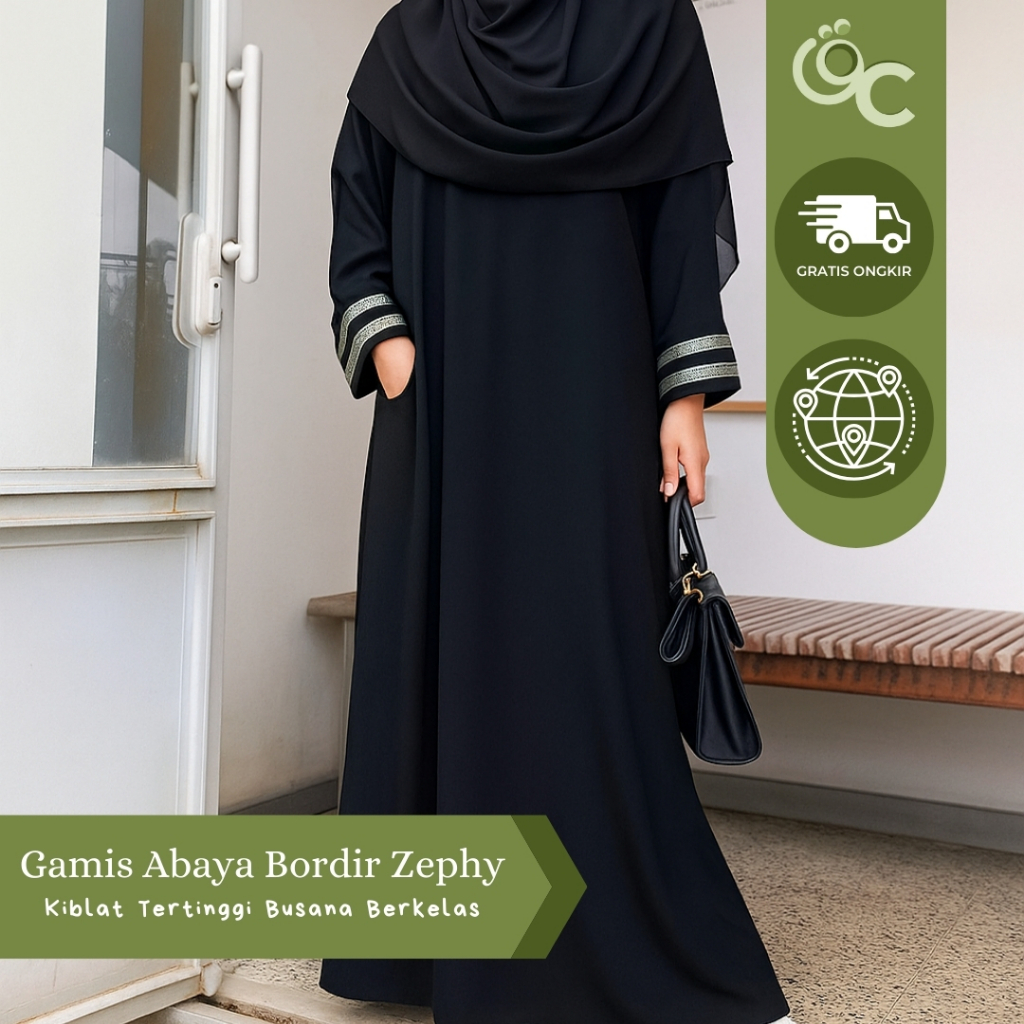 Qibla Couture Signature Series Gamis Abaya Hitam Bordir Zephy - Gamis Daily Adem Ironless | Original