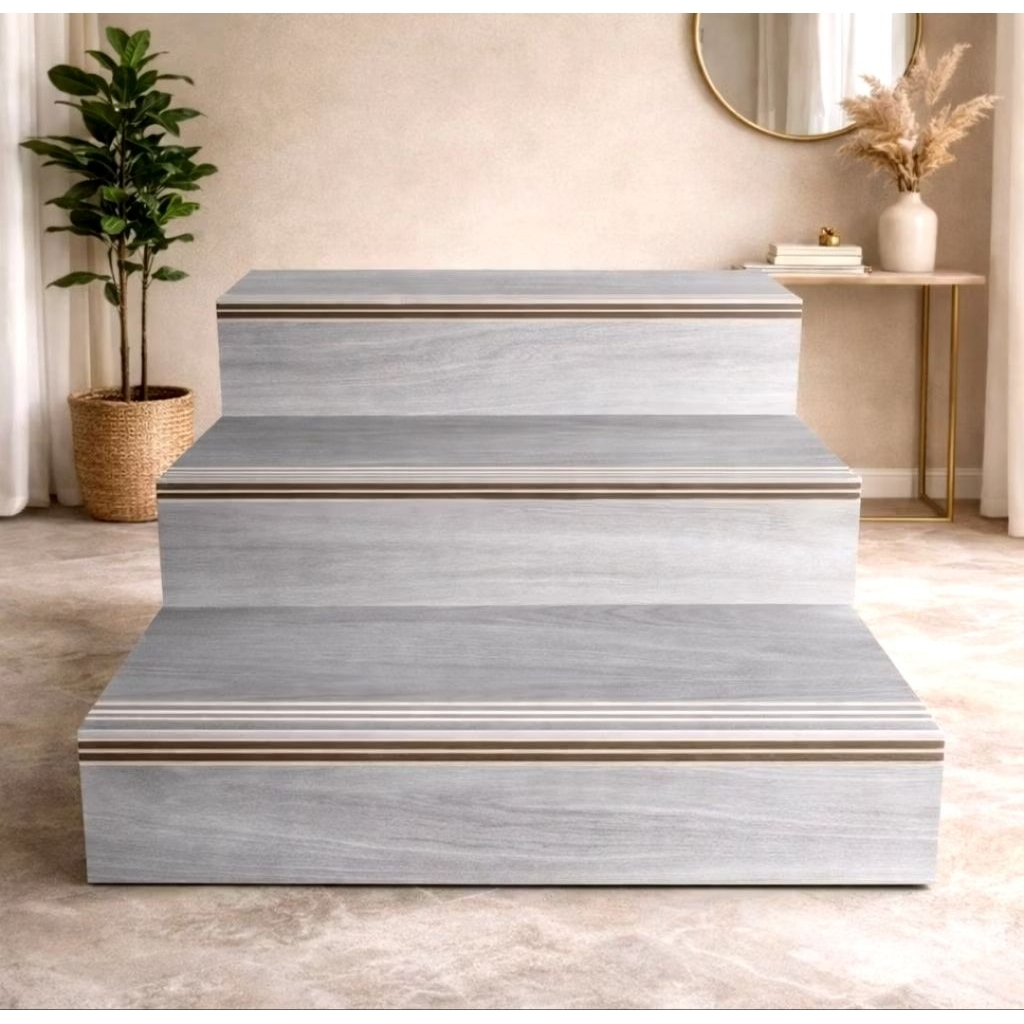 GRANIT TANGGA KERAMIK PIJAKAN ANAK TANGGA MOTIF KAYU ABU CUSTOM UKURAN 30X80 20x80 STEPNOSING