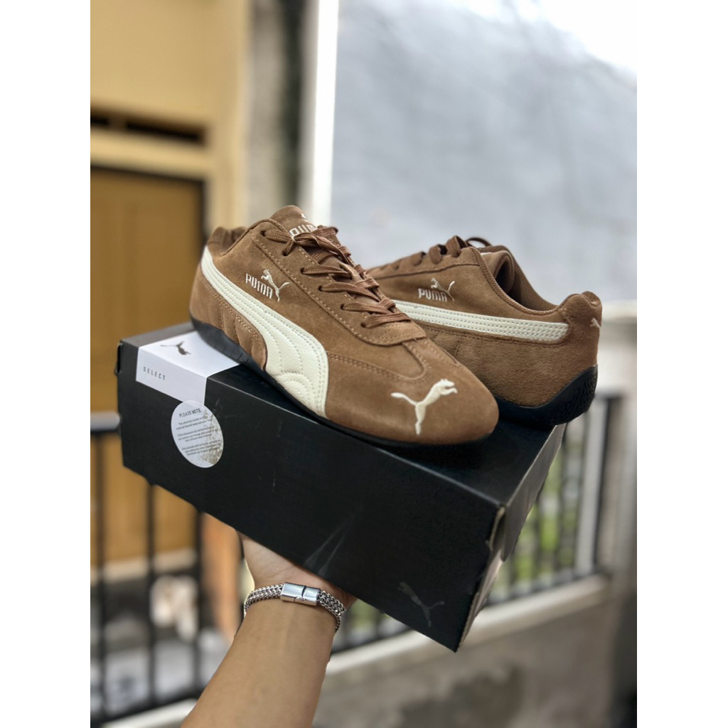 sepatu casual pria wanita puma spedcet coklat putih