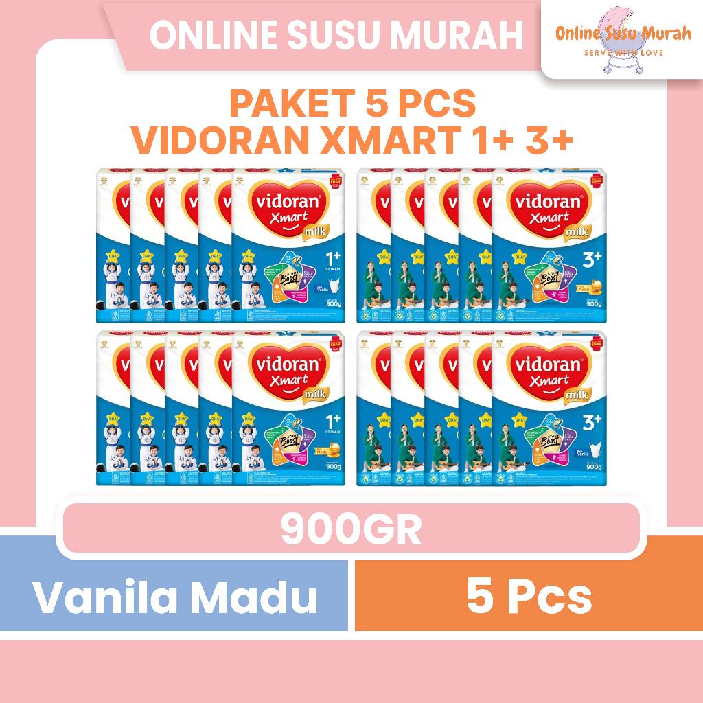 VIDORAN PAKET 5 KOTAK XMART 1+ 3+ 900GR VANILA MADU TAHAP 1 DAN 3 900 GR SUSU ANAK MURAH SMART SSKD