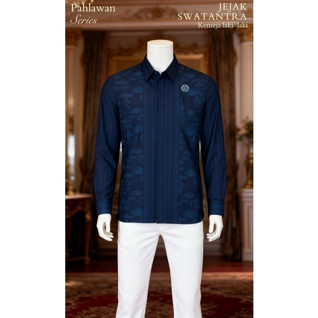 TANAHWARI – Kemeja Panjang Pria Motif Jejak Swatantra – Teal Blue