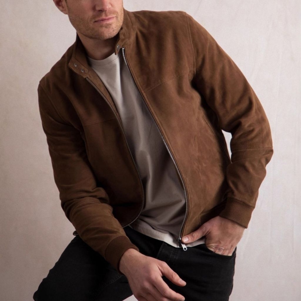 Jaket Bomber Suede Pria Elegant