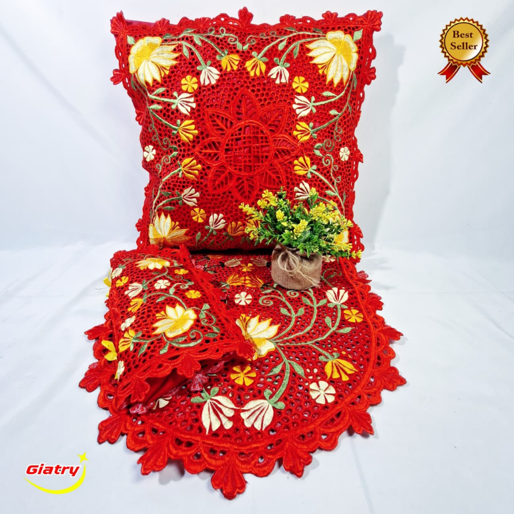 set sarung bantal bordir merah cabe/ caver bantal kursi bordir/ sarung bantal kursi