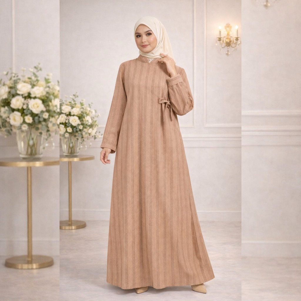 Mayren Classic Abaya Caramel Edition -  Gamis Wanita Lebaran 2026 Jacquard Garis Vertikal Aksen Pita