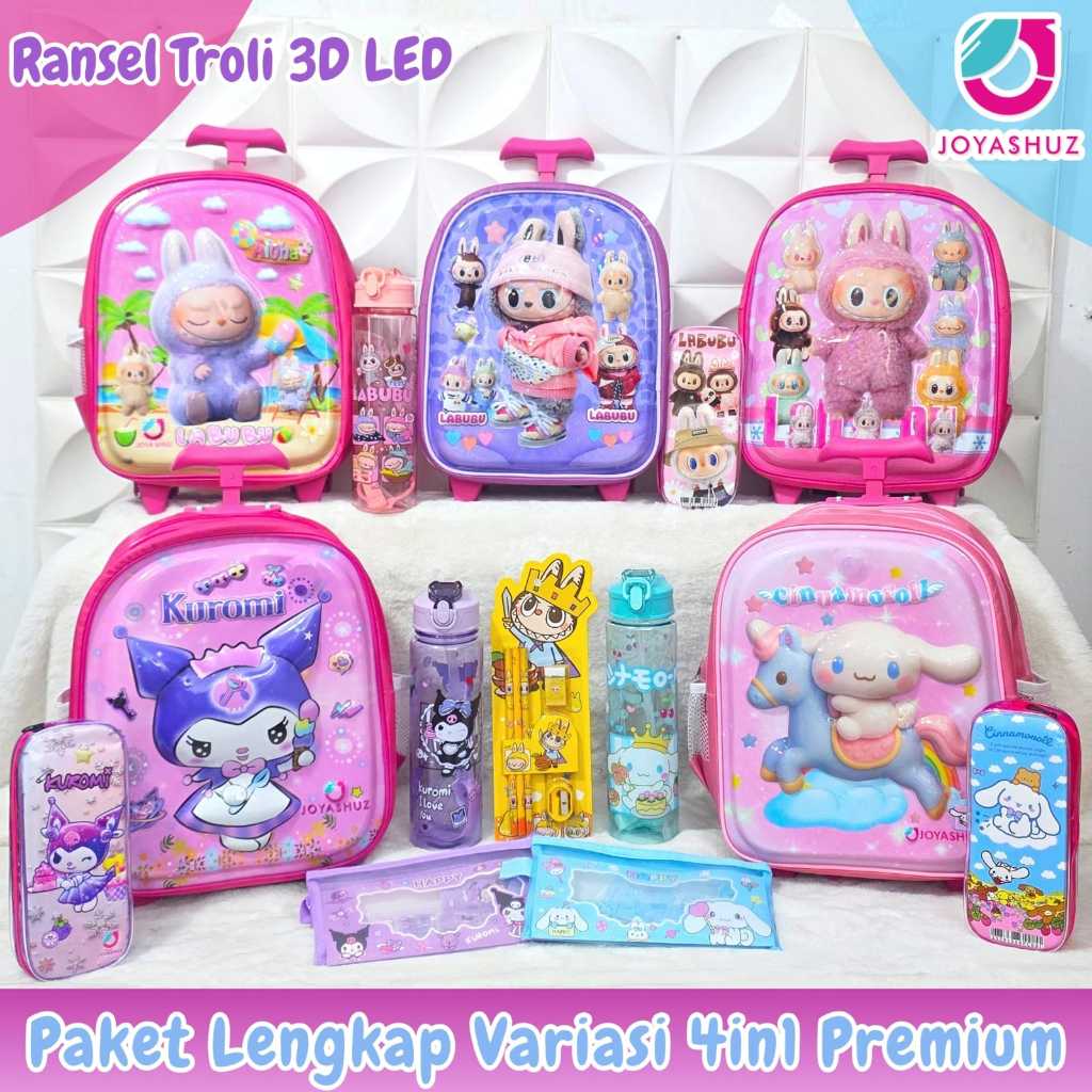 Tas Troli Anak Perempuan TK Kuromi - Tas Sekolah Anak Perempuan TK 3 Dimensi - Tas Roda Koper Anak T