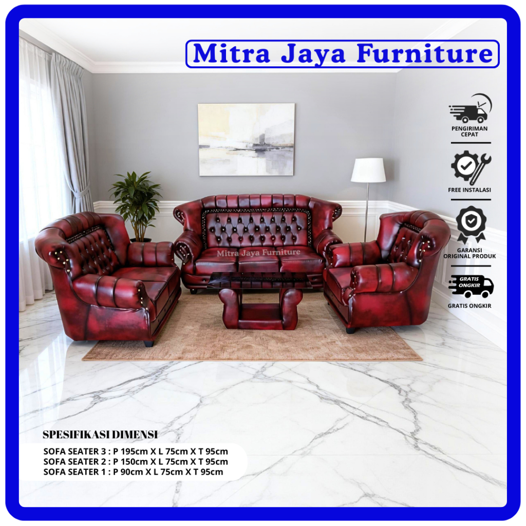 SOFA JAGUAR MEWAH 321 FULL SET + MEJA /SOFA WOSH SETT MAROON