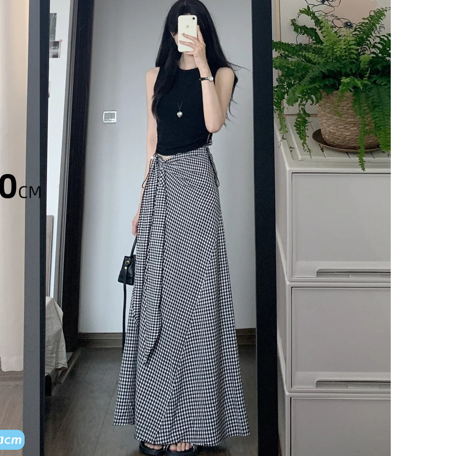 Rok Midi Kotak-kotak Hitam Desain Niche Baru Rasa Renda Rok Panjang Lantai