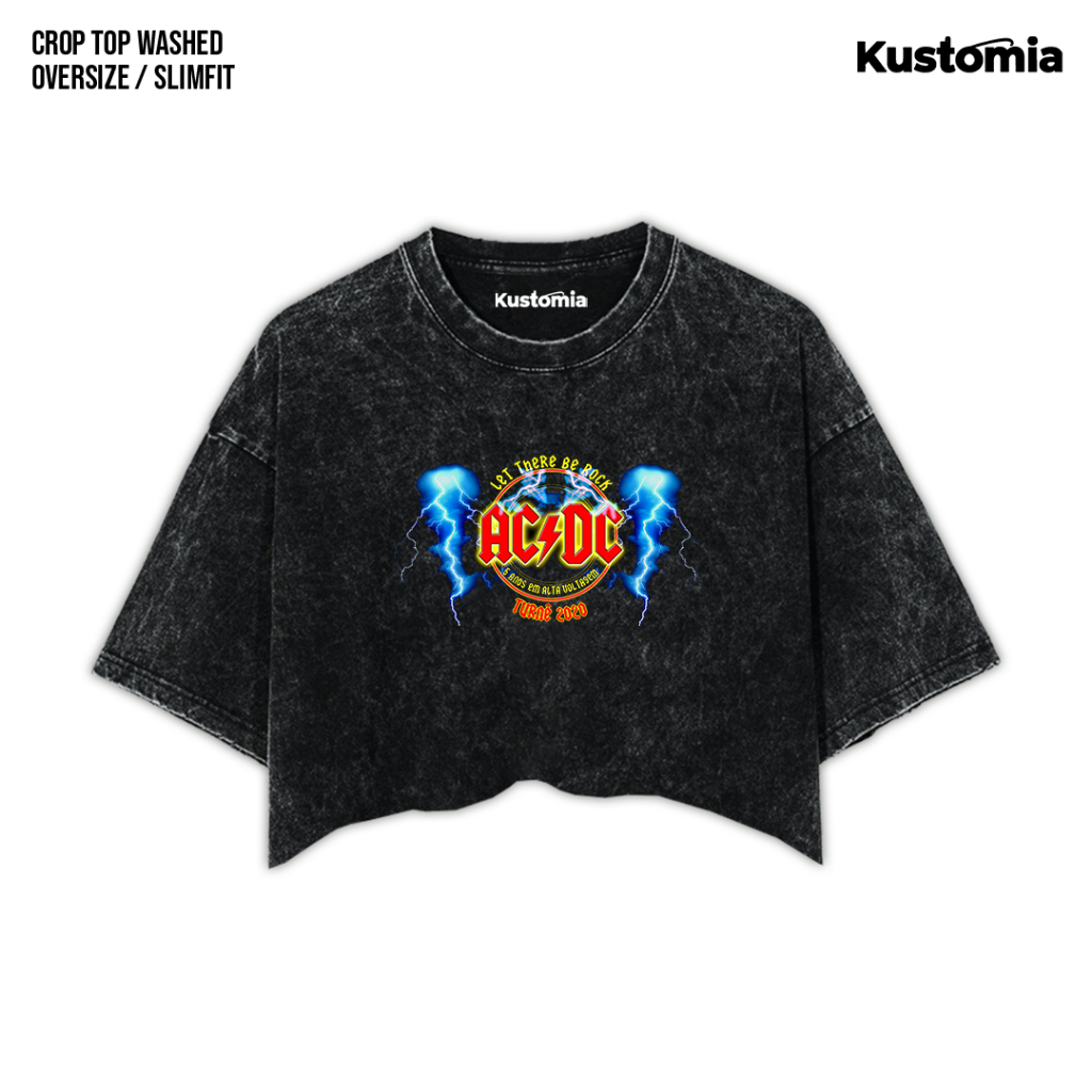 KUSTOMIA Crop Top ACDC Washed Crop Tee Black White | ACDC-9