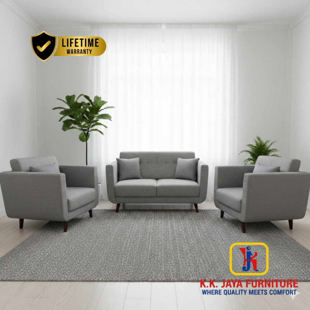 Sofa Retro Minimalis Kayu Akasia Kain Bludru Dua Ukuran Abu Coklar