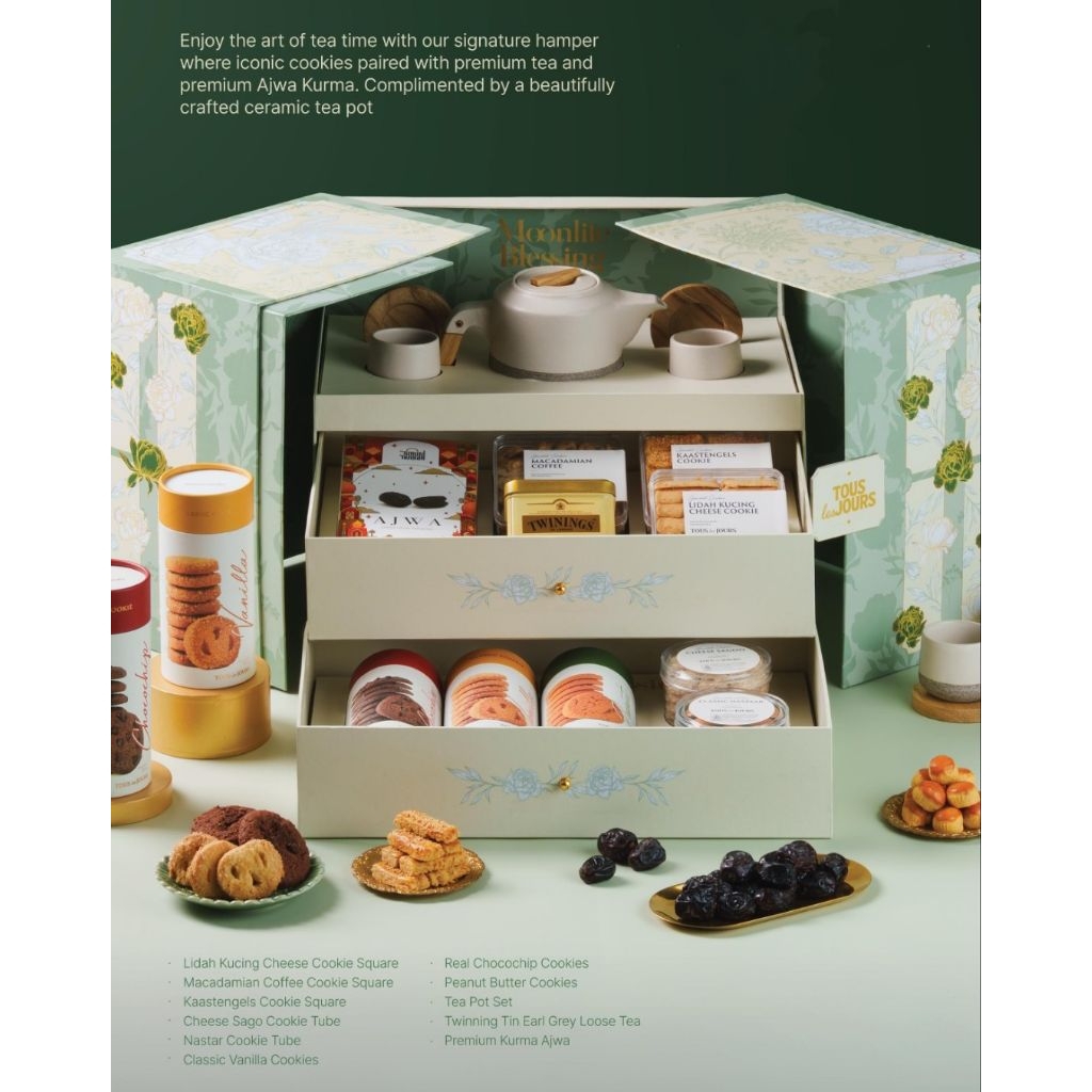TOUS LES JOURS Platinum 3 Tiers Ramadan Hampers Parcel Lebaran Eid Mubarak 2026 Cookies 8 Box + Tea 