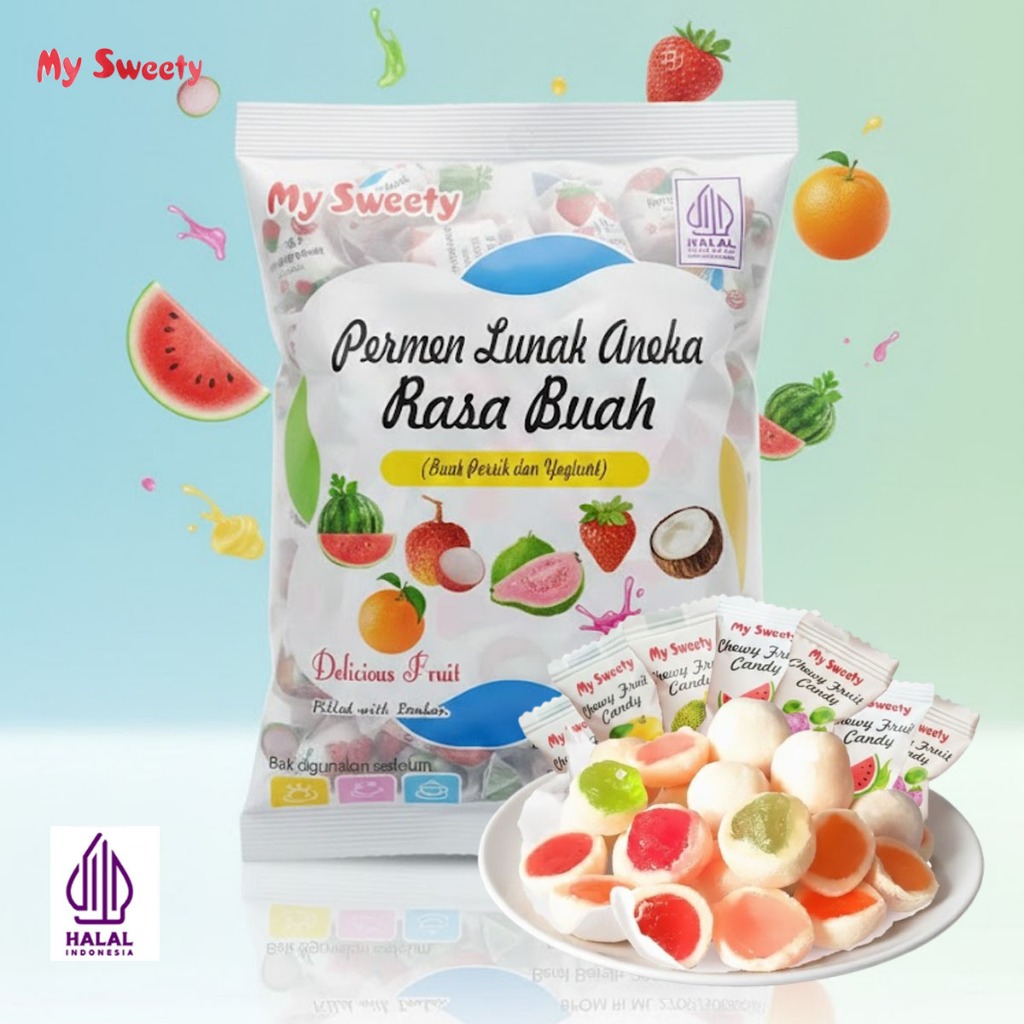MY SWEETY Permen Lunak Aneka Buah Rasa Jeruk Apel Jambu Biji Stroberi Semangka Kelapa Candy Bonbon 3