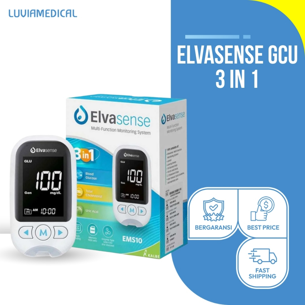 Elvasense Alat Cek GCU 3in1/ EMS10 Elvasense / Alat Cek Gula Darah / Kolesterol / Asam Urat / Alat C