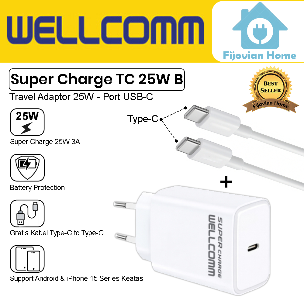 Charger Wellcomm TC Super Charge 25W B - Free Kabel Type-C to Type-C 3A Fast Charging