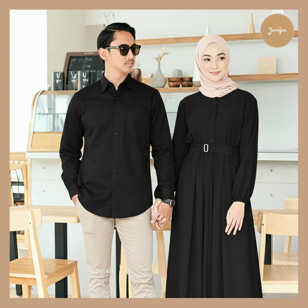 Gamis Couple Pasangan Suami Istri Harmonis Warna Hitam Terbaru by Juragan Baju Muslim