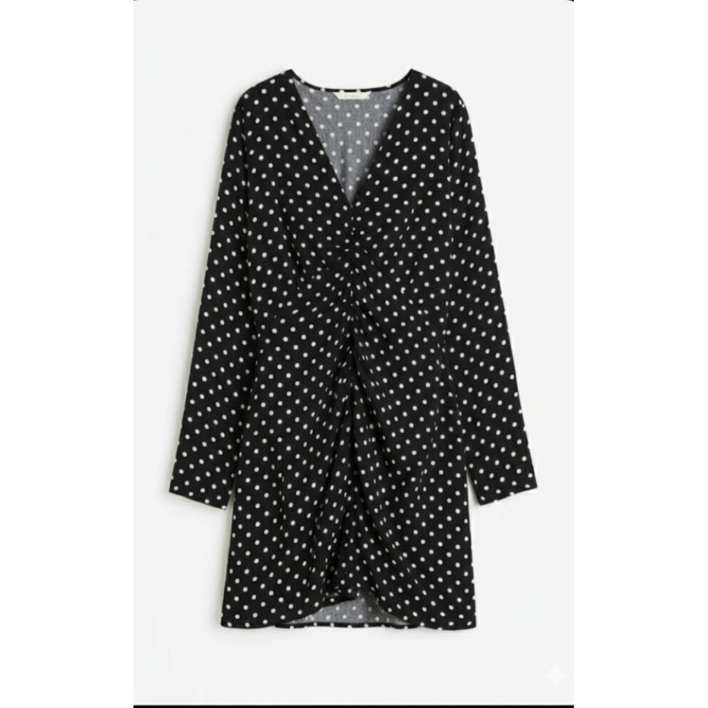 Midi Medium Gathered Dress Terusan Berkerut V neck Leher V Katun Motif leopard macan polkadot hitam 