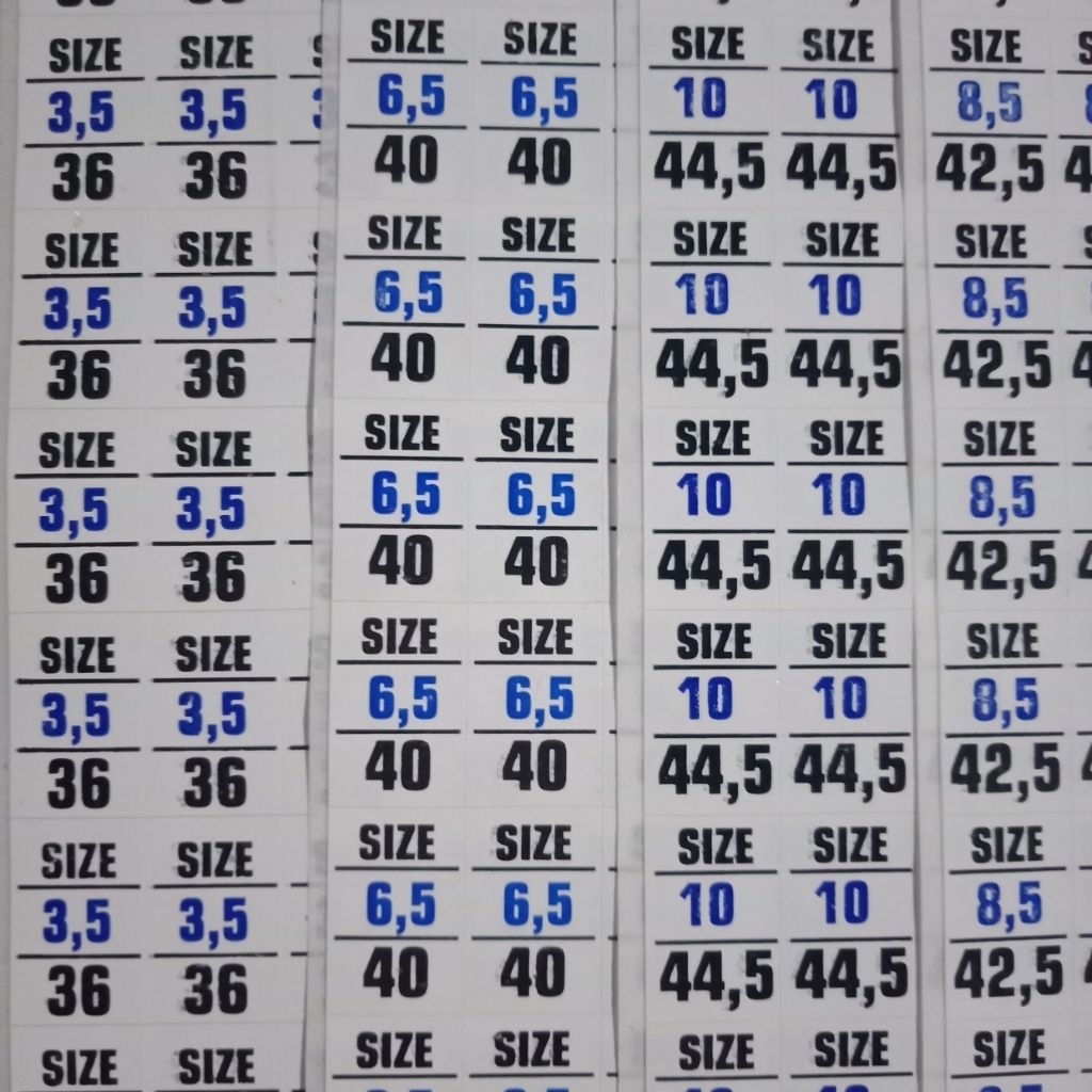 Label stiker size untuk sendal dan sepatu