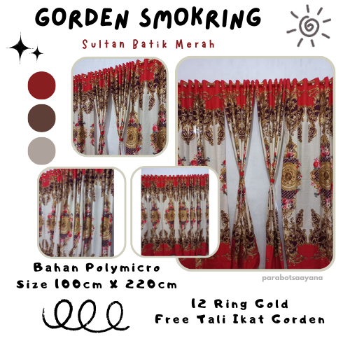 Gorden Smokring – Hordeng 12 Ring Motif [Sultan Batik Merah] 6 Gelombang – Gorden Lubang / Halus Lem