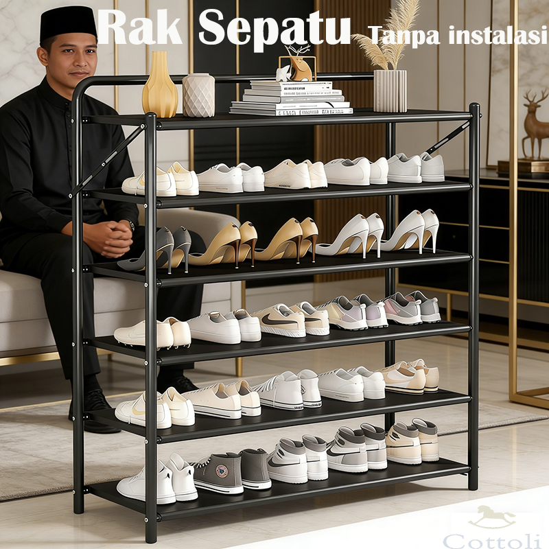 Cottoli Rak Sepatu Stainless 3-6 Susun Lipat Rak Sandal Penyimpanan Baja Karbon Rak Sepatu Portable 