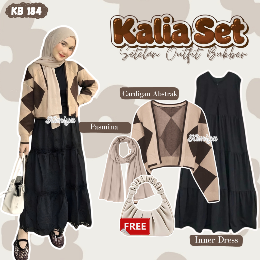 Kimiyaoutfit - 3IN1 Set OOTD Wanita Kekinian ( Cardigan Rajut Abstrak + Inner Dress + Pasmina ) Sete