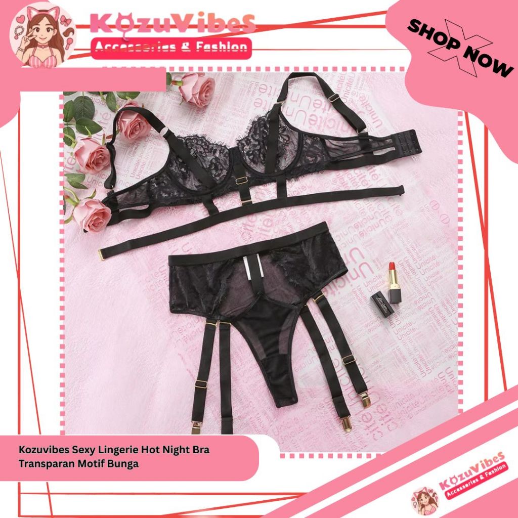 Kozuvibes Sexy Lingerie Hot Night Set Bra Transparan Motif Bunga