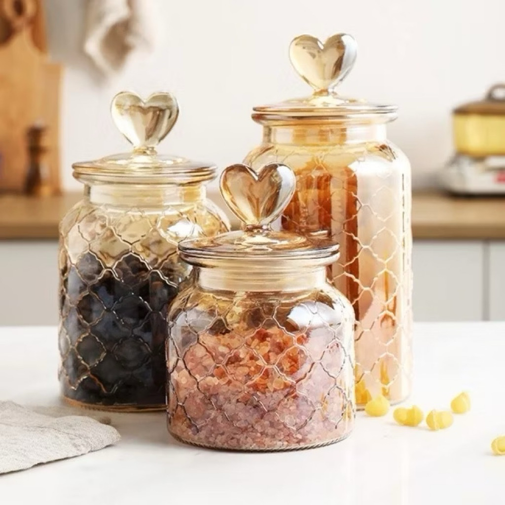 Toples Set Kaca 3 In 1 Motif Love / Toples Kaca Kue Lebaran Aesthetic Isi 3 Pcs Kedap Udara