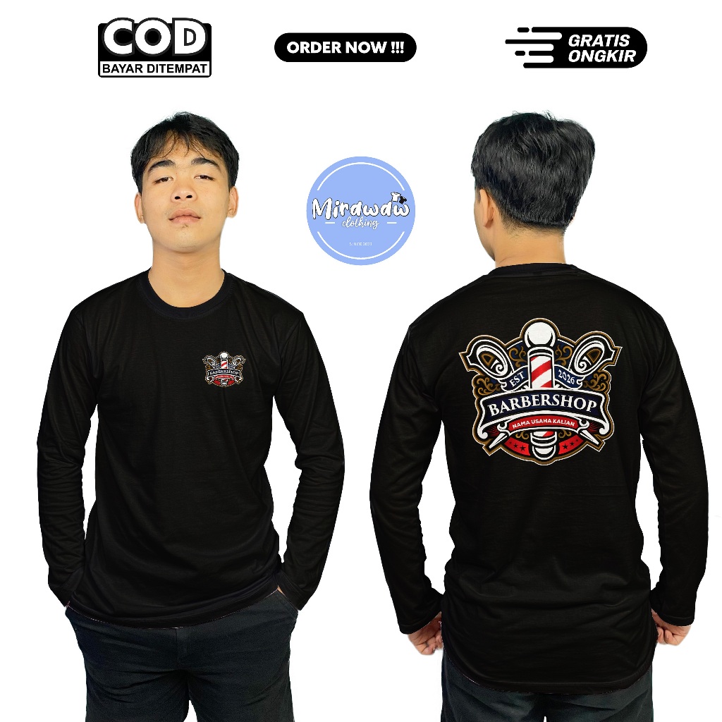 Kaos Logo BARBERSHOP Desain Keren Gratis Nama Usaha Kalian Lengan Panjang Baju Distro