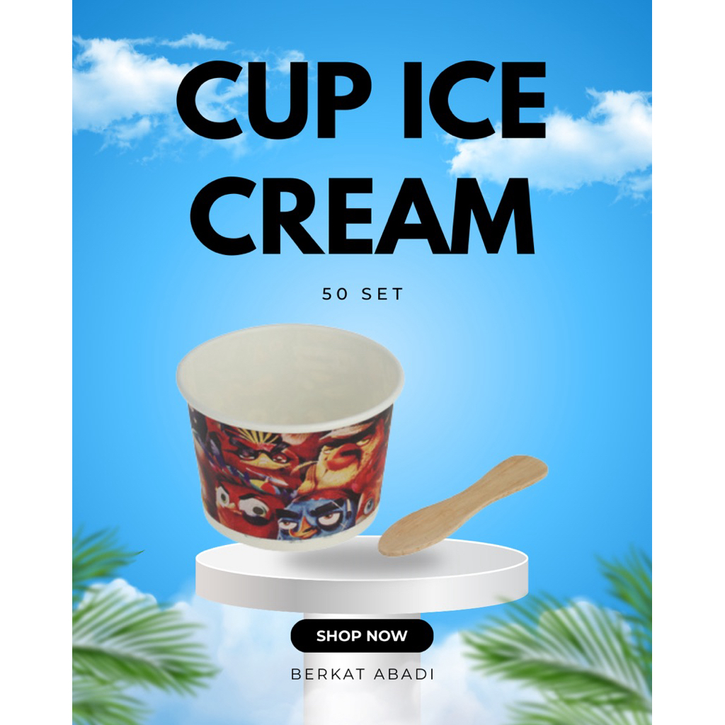 papercup ice cream isi 50pasang / Paper Cup Ice Cream 2,5oz Motif + Sendok isi 50 Pcs/ Gelas Kertas 