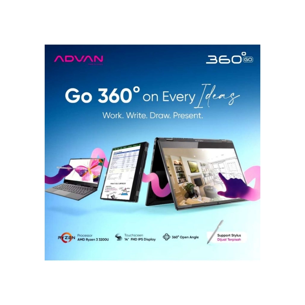 Advan 360 GO AMD Ryzen 3 3200U 8GB SSD 256GB 14 FHD IPS Touchscreen Win11