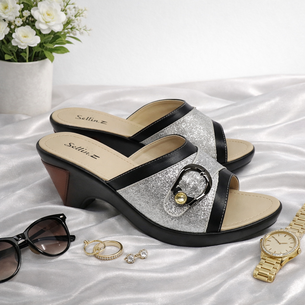 No 36 37 38 39 40 - Sandal Wanita Clog Silver 3 cm / Sendal Clogs Kondangan Ibu-Ibu Cantik Elegan