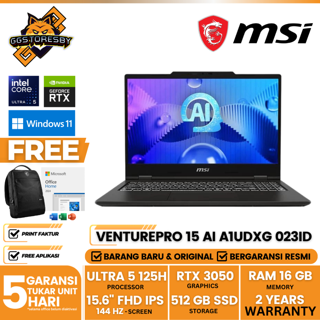 MSI VenturePro 15 AI A1UDXG 023ID | Ultra 5 125H 16GB 512GB RTX 3050 15.6 FHD IPS W11+OHS