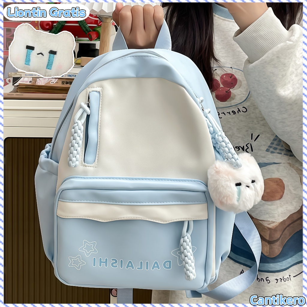 CANTIKERO Tas Sekolah Blue Ins Korea Fashion Siswa Lucu Tas Ransel Mini Wanita Kanvas Backpack Liont