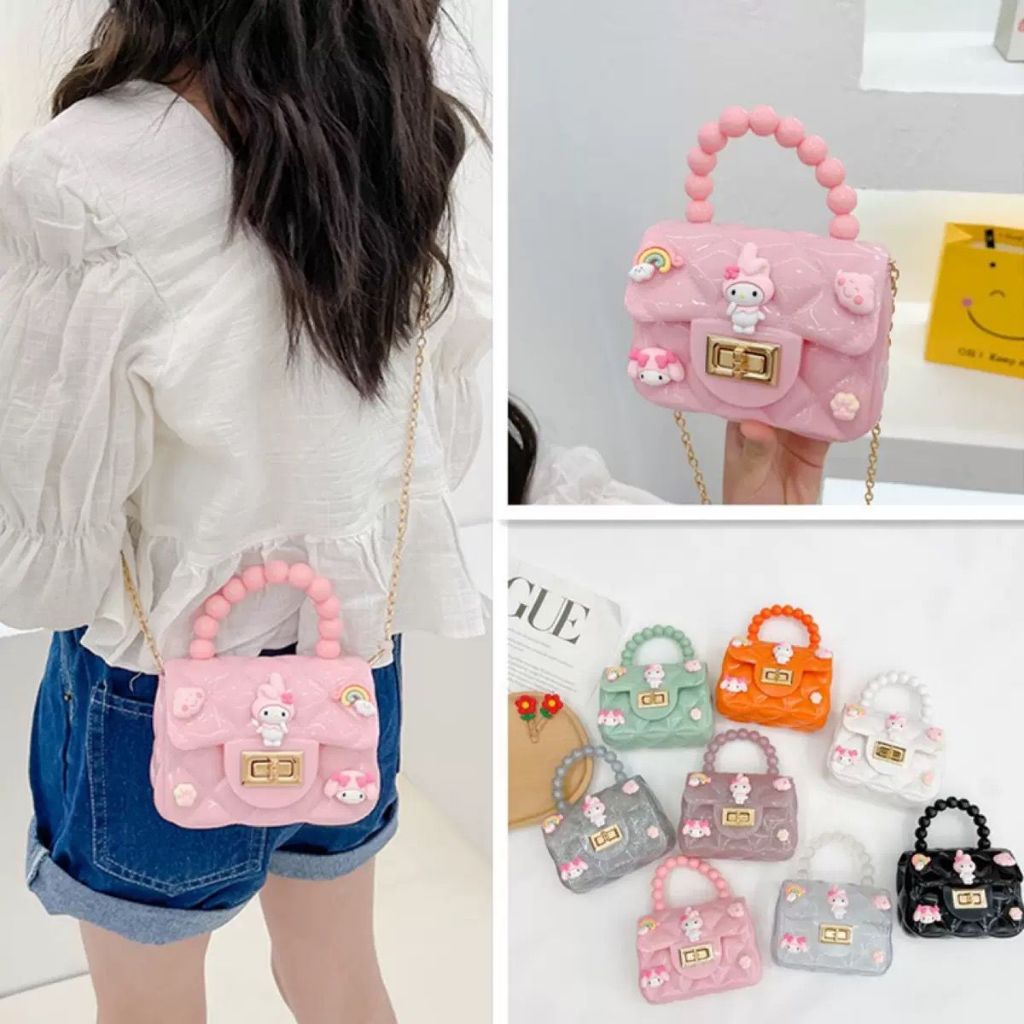 Tas Selempang Jelly Mutiara Mini Anak Motif Lucu/ Tas Jelly Glossy Tali Panjang Pearl Motif Cute