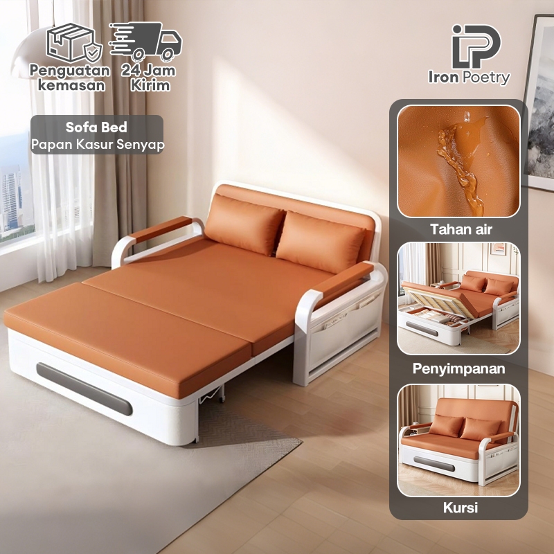 Sofa Bed Lipat Tempat Tidur Minimalis Multifungsi Kayu Jati Besi Oranye 3 Ukuran Tempat Tidur Minima