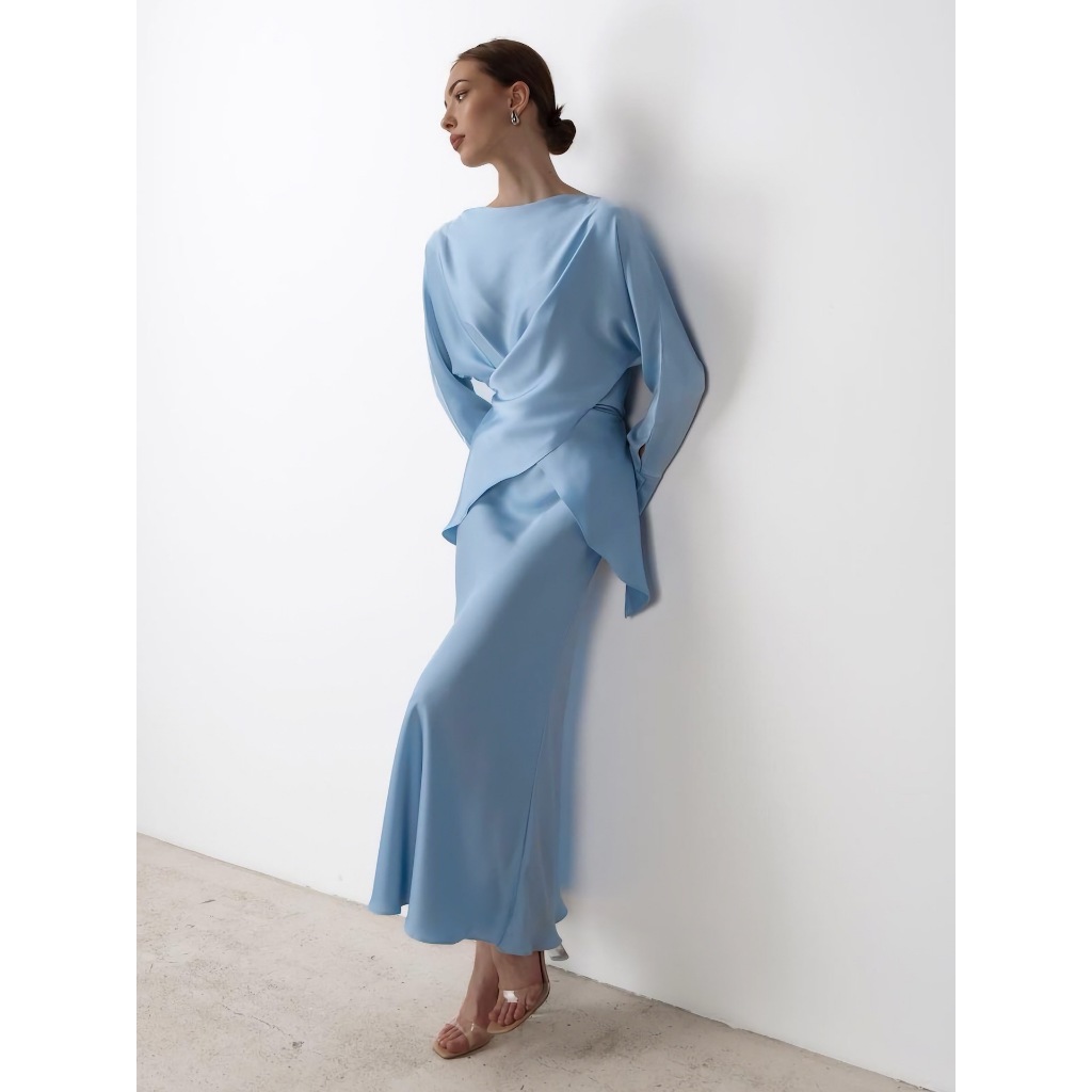 Setelan Gaun Malam Pesta Warna Polos Mewah Elegan Model Baru Untuk Wanita