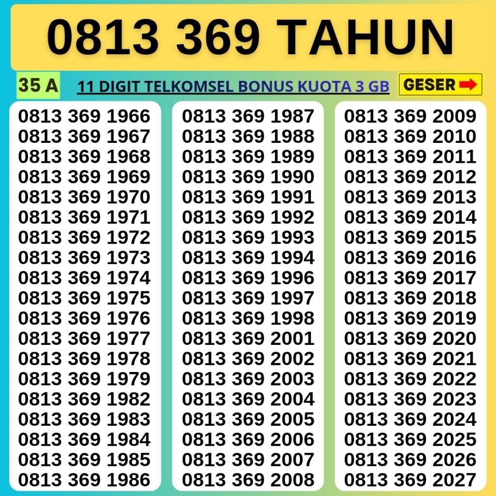 11 Digit Bonus Kuota Nomor Cantik Telkomsel Tahun Hoki 369 Tahun Kartu Perdana Telkomsel Tsel Red Te