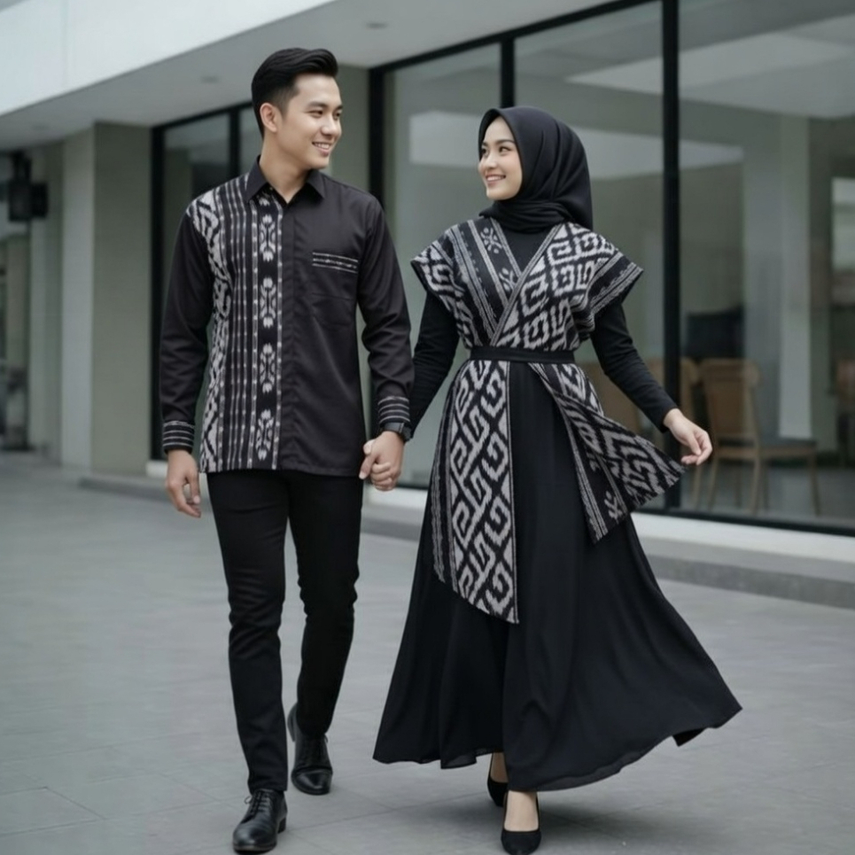Baju Couple Tenun Hitam Modern Outfit Lebaran Kemeja dan Gamis Muslimah Etnik Ekslusif