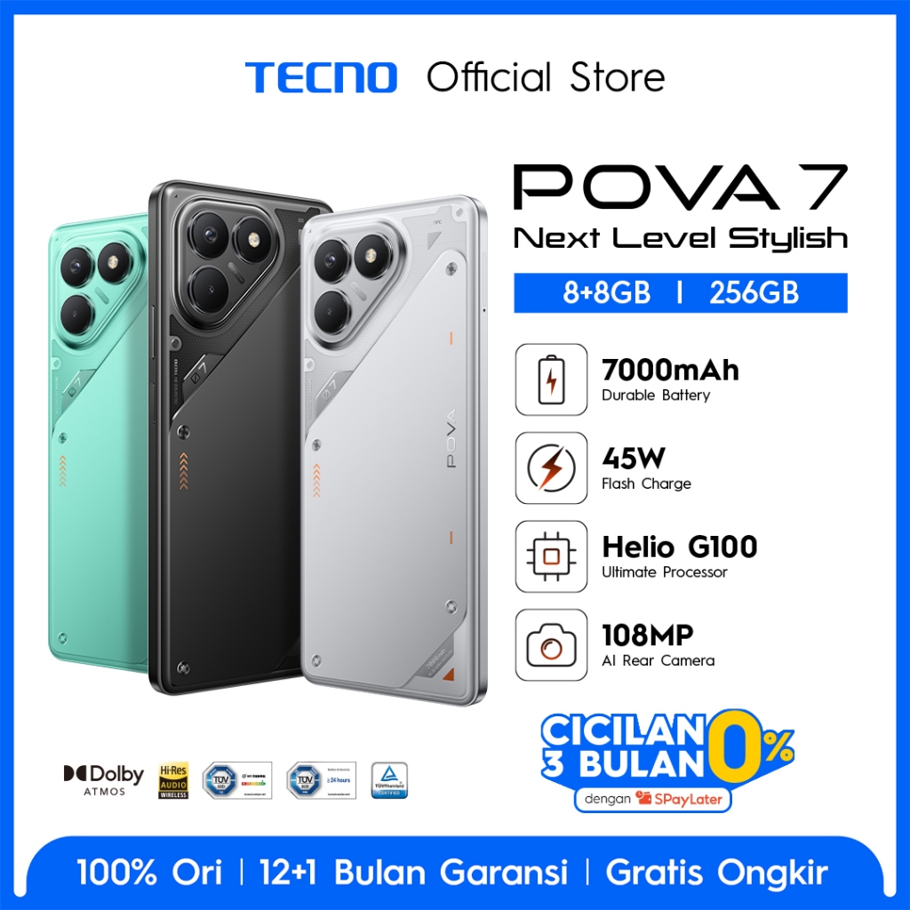 TECNO POVA 7 8+8GB*/256GB, 7000 mAh, Mediatek Helio G100 Ultimate, 120Hz Vivid Display , 108MP + 2MP