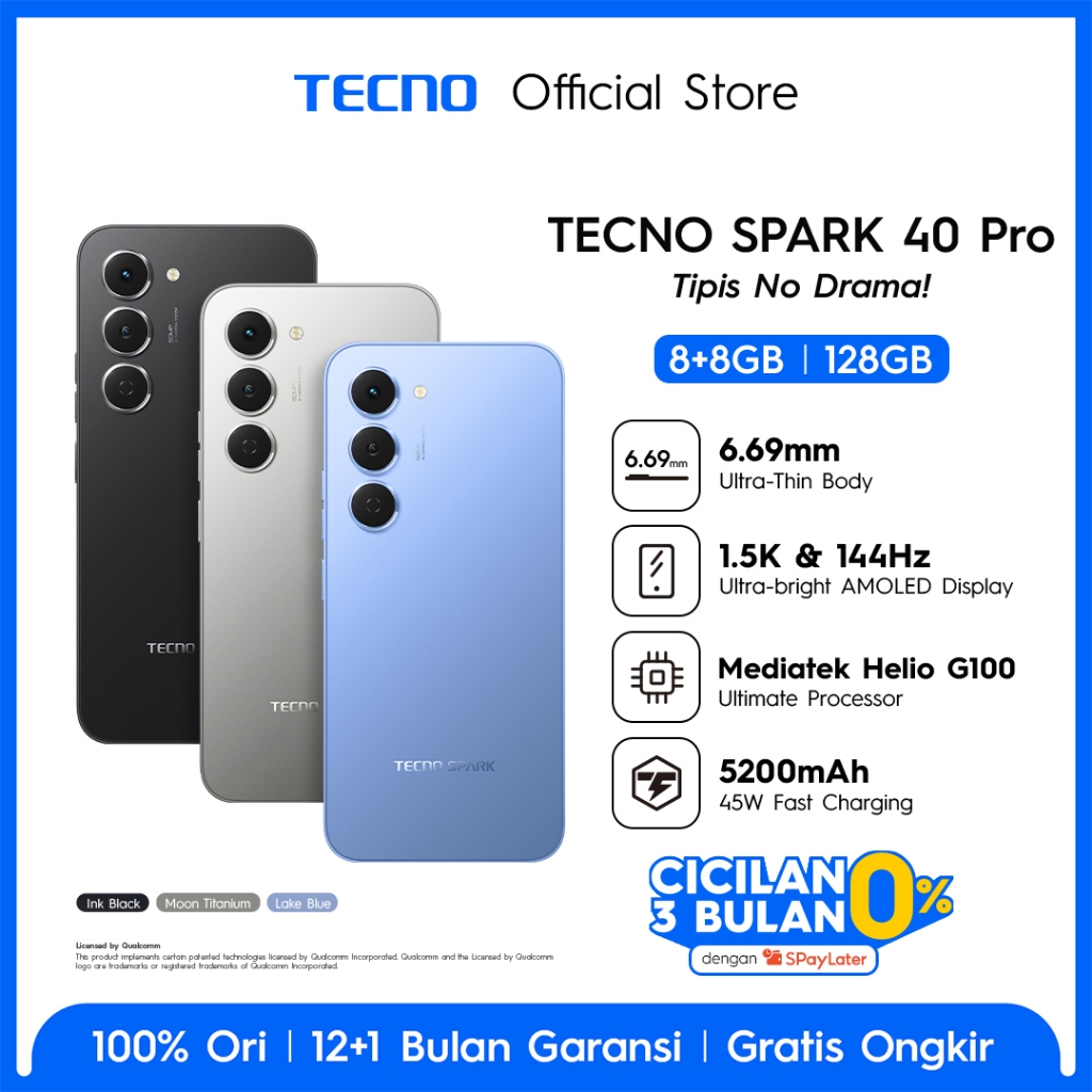 TECNO SPARK 40 Pro - 8+8GB*/128GB, 1.5K & 144Hz AMOLED Display, Ultra Thin Body, Mediatek Helio G100