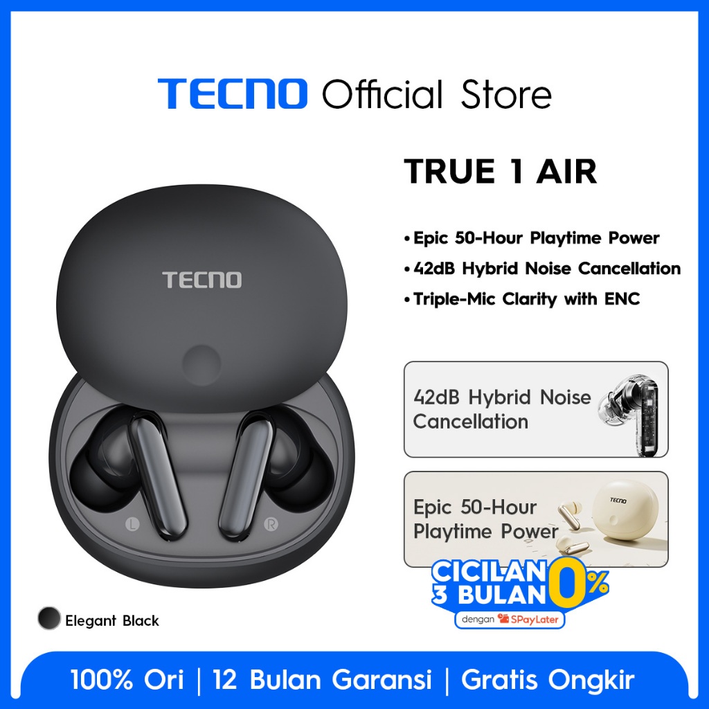 TECNO TWS True 1 Air - 42dB ANC, Auto Connection Pop-up, Multi-EQ Effects with Welife APP, 50-Hours of Playtime, 6 Mics ENS, IPX5
