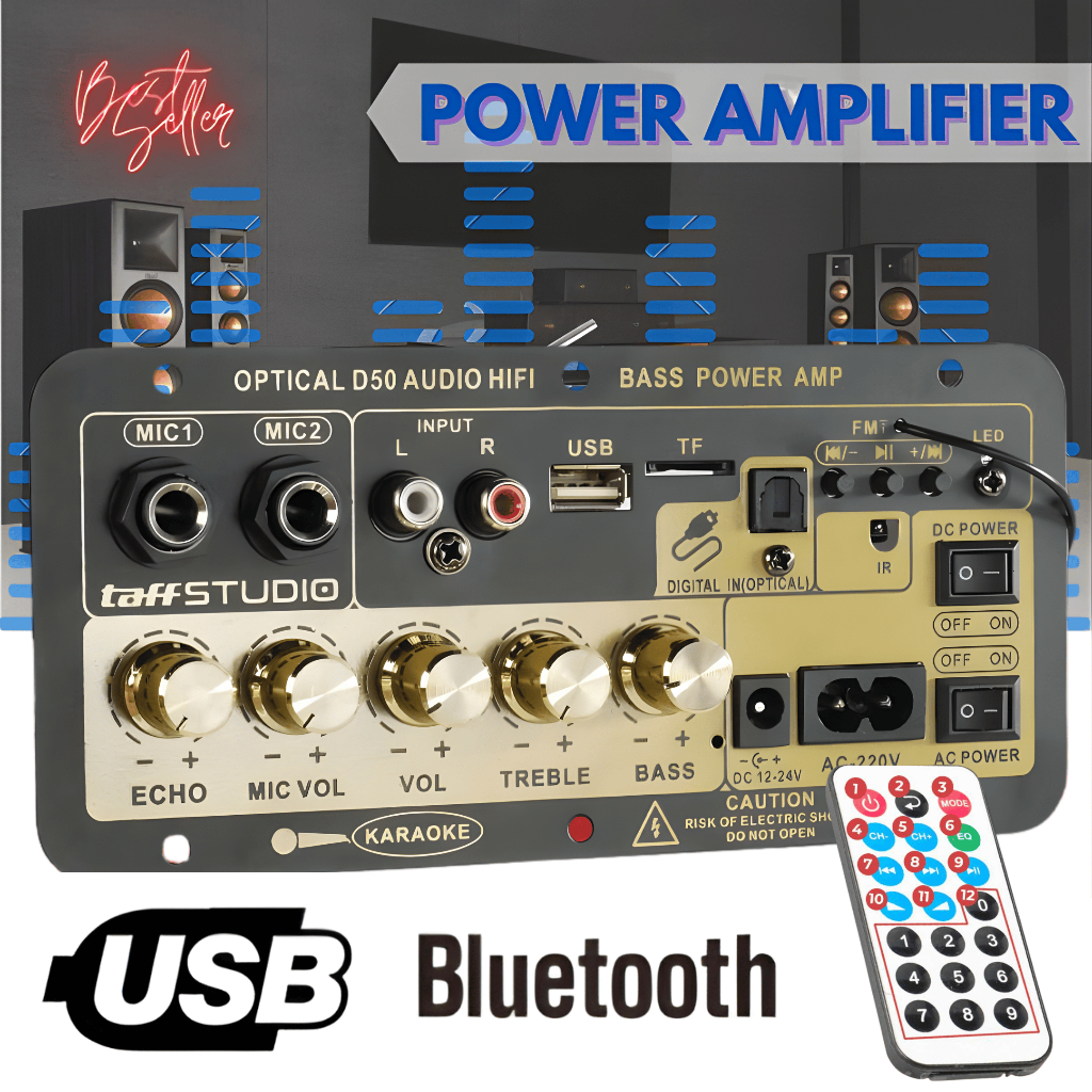 (NEW) TaffSTUDIO Ampli Papan Audio Amplifier Bluetooth Karaoke Rumah dan Mobil dengan Remote D50