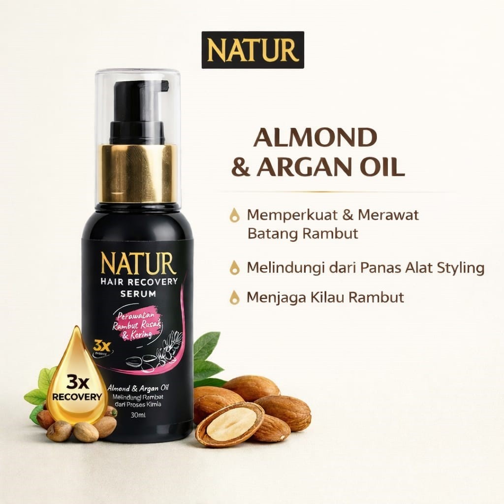 Natur Hair Recovery Serum Almond & Argan Oil 60 ml - Perawatan Rambut Kering & Rusak