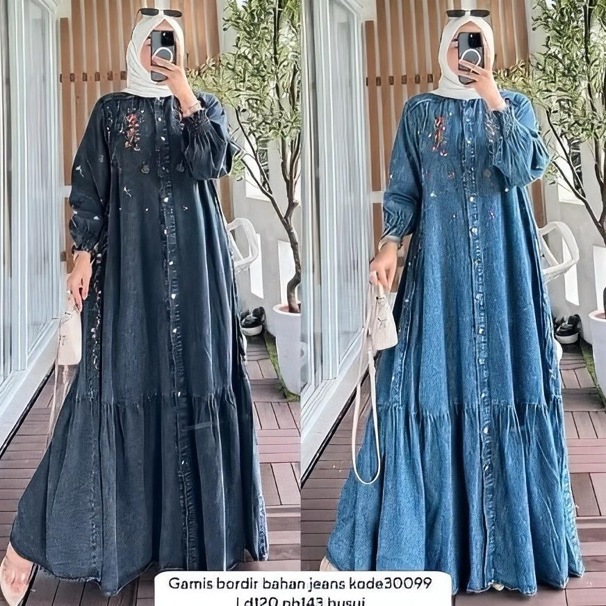 COD~Shefty Gamis Jumbo Baju Gamis Jeans Bordir Wanita Jumbo Terbaru/Gamis Bordir Dress Denim Jumbo W
