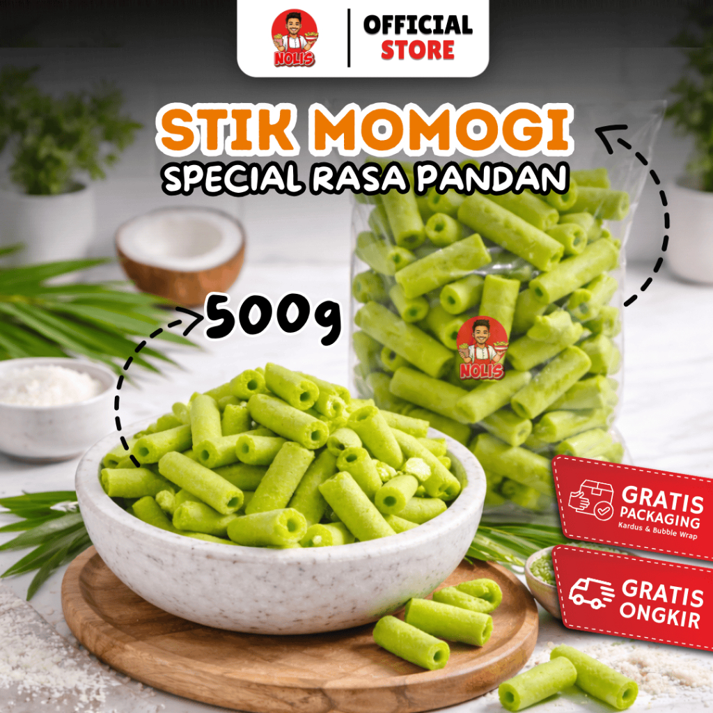 Stik momogi Rasa Pandan / stik momogi manis gurih Momogi kiloan / Grosiran Snack Cemilan Nolis