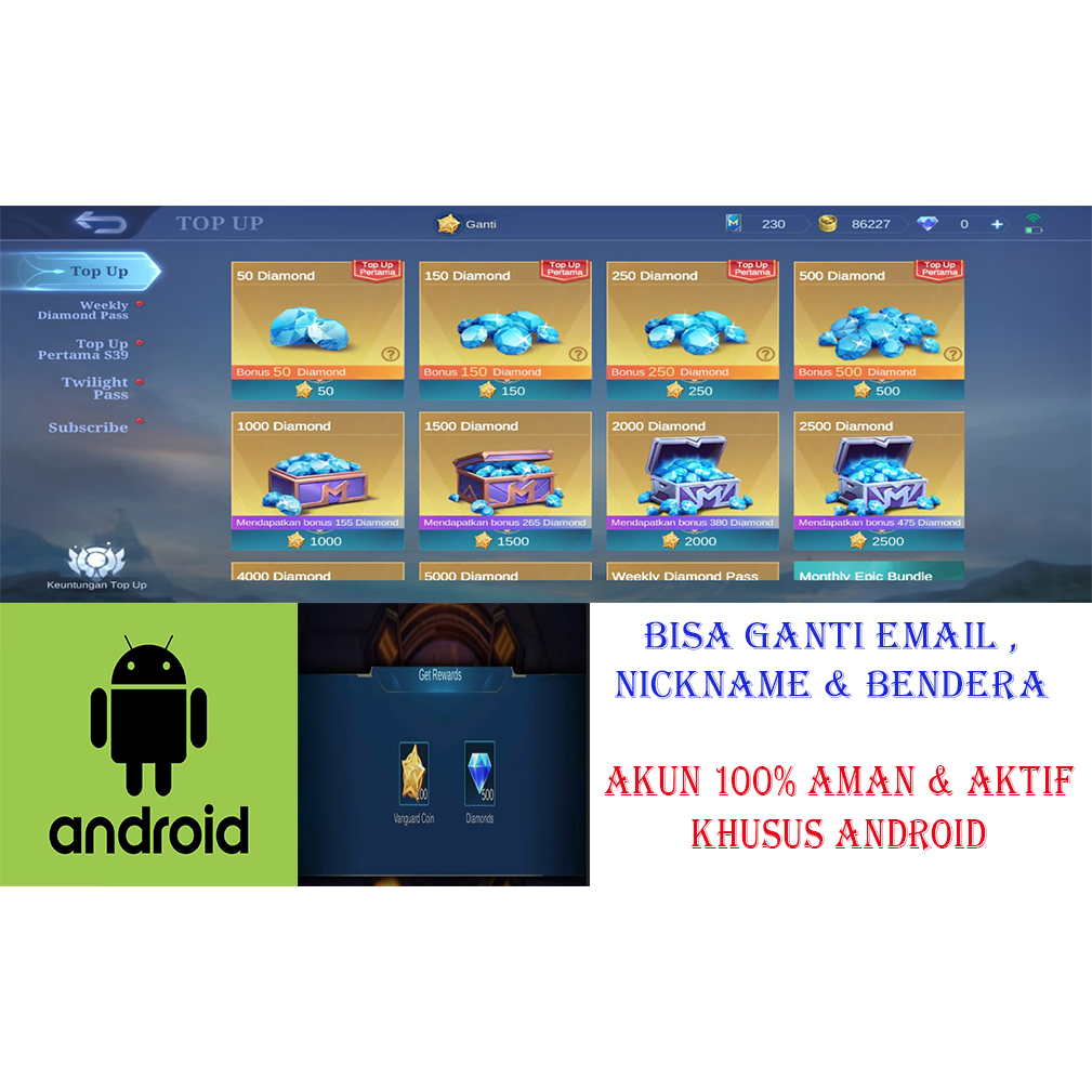 AKUN  MLBB ADVANCE SERVER KHUSUS ANDROID LEVEL 3 , LEVEL 5 & LEVEL 20